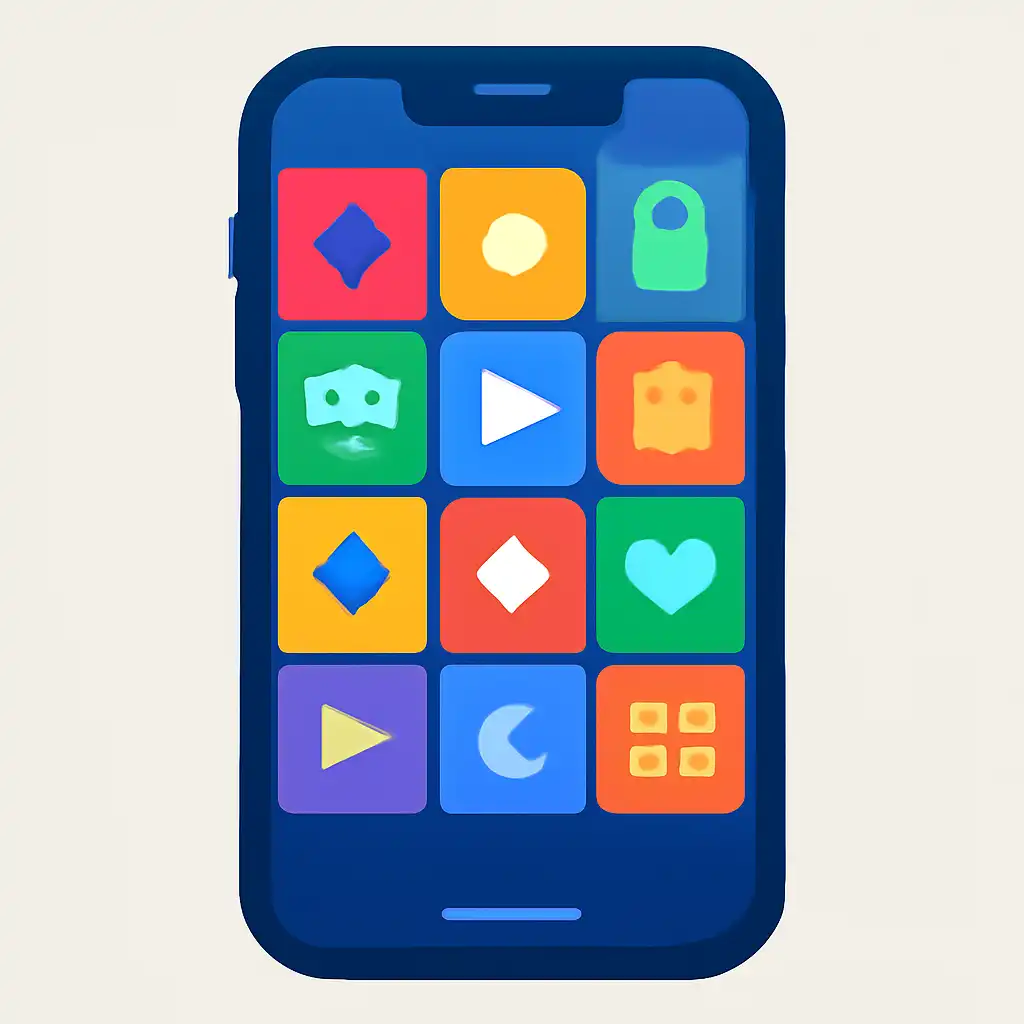 Smartphone shown from the front displaying a colourful flat layout of abstract game icons and rounded tiles (no text, no letters, no labels), 92 Club