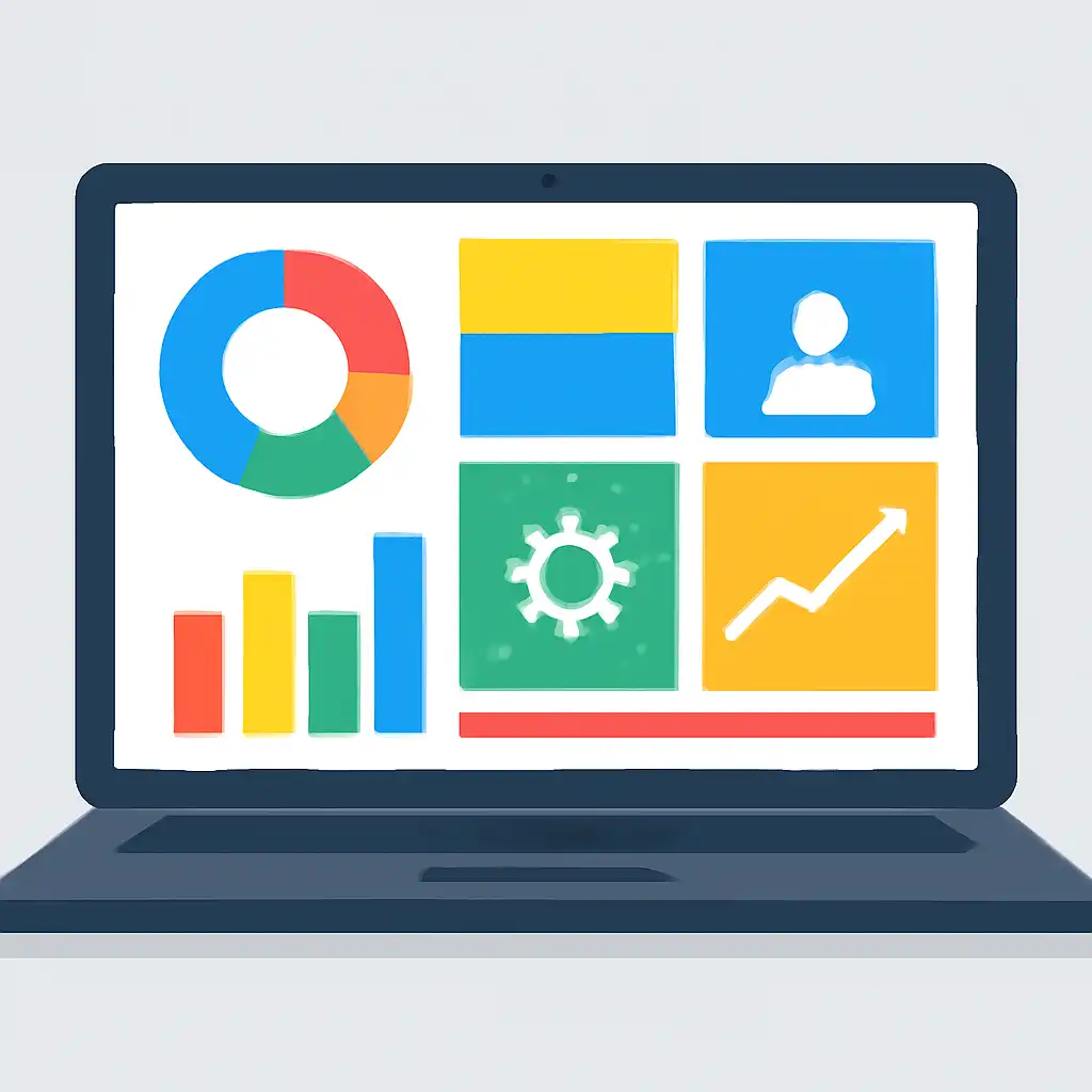 Laptop shown from the front displaying a colourful flat dashboard of abstract charts, bars and icon tiles (no text, no letters, no labels), 92 Club
