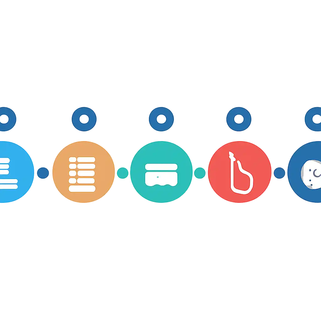 Five numbered circular icons connected by arrows in a horizontal flow, flat illustration, icons only, no words, 92 Club steps